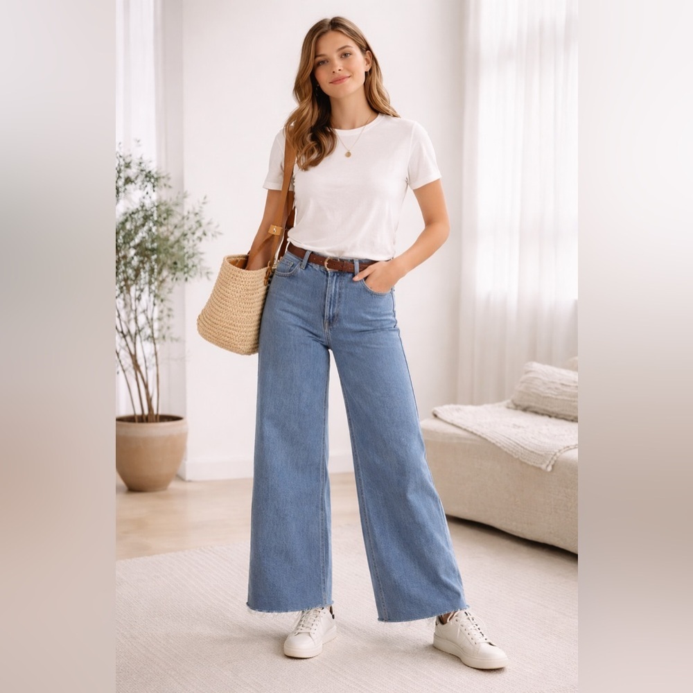 EVERY High Rise Wide Leg Jeans Light Wash Raw Hem Size 2